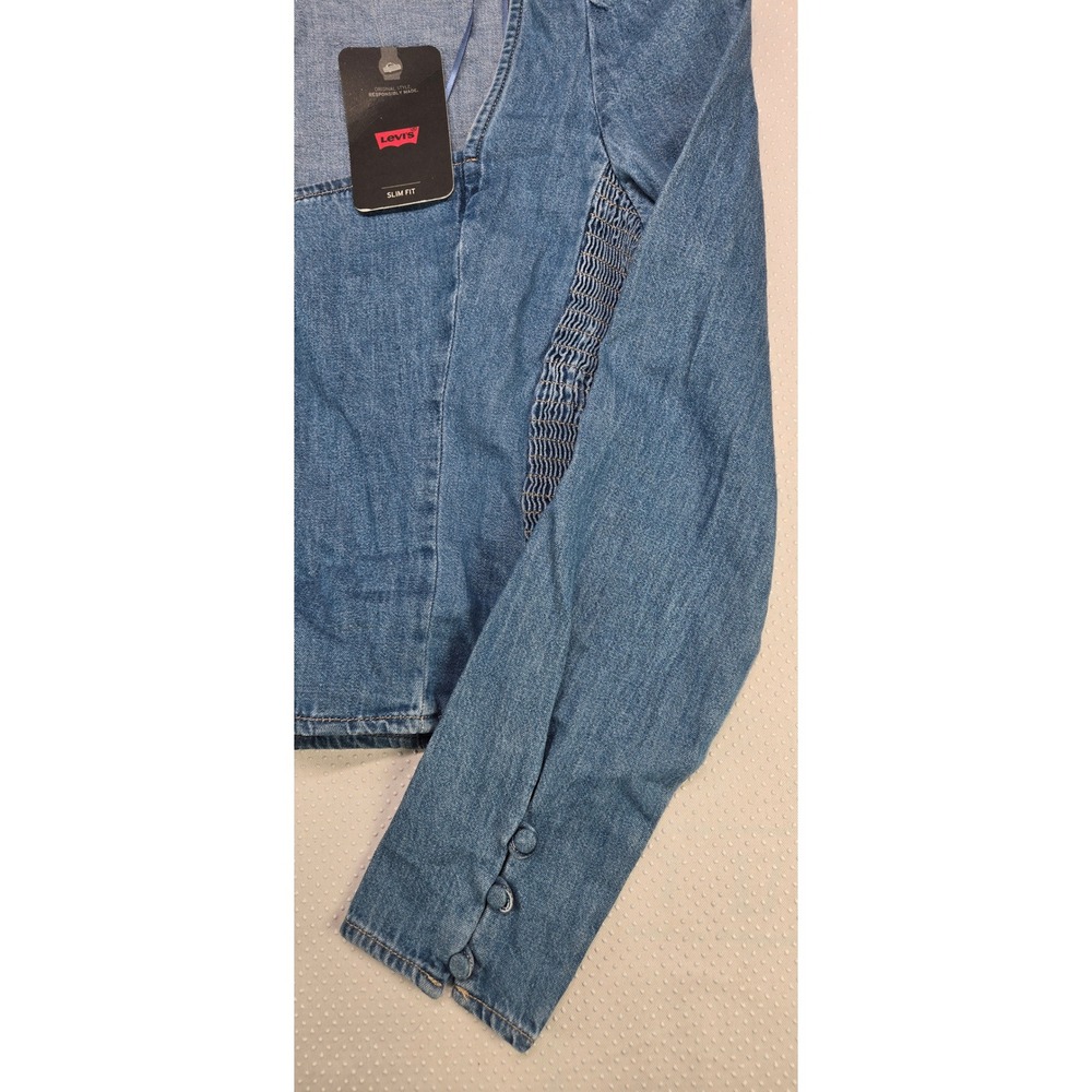 Levis Womens Blue Denim Square Neck Slim Fit Top Smocked Sides Size S NWT - Picture 2 of 10